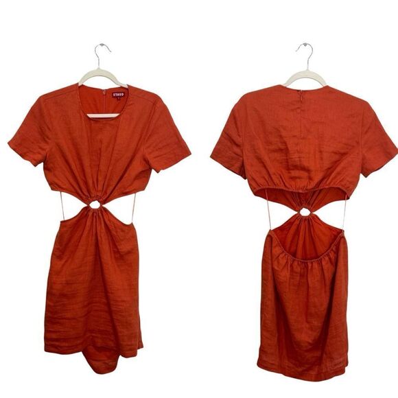Staud Epona Cut-Out Linen Mini Dress in Burnt Orange - Picture 7 of 10